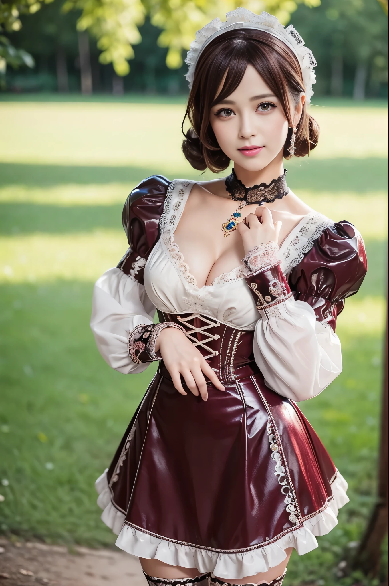 (nsfw), sexy stylish Swedish model, only 1 female, ((doll-like appearance)), short Mahogany stylish hair, ((shiny Victorian-Style boots)), (big smile), ultra detailed eyes, vivid eye makeup, lipgloss, long lashes, defined eyebrows, ((sexy Paradise Kiss cosplay)), bell-shaped skirt, petticoats, high neckline, puffed sleeves, ((ultra detailed lace)), ((ultra detailed embroidery)), intricate details, Paradise Kiss accessoires and matching headpiece, choker, ((large sparkling Paradise Kiss jewelry)), cinematic light, detailed large park background with trees