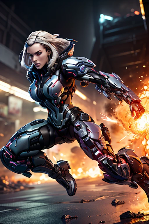 3D illustration, Ilya Kuvshinov’s style, The outlines of your body and equipment shine brightly like neon lights.(((must))), Armed with futuristic protectors(((must))), A Russian girl in her early 20s with ash grey hair, A dynamic figure jumping over explosives at his feet in a crumbling research facility that has turned into a battlefield, The face is precisely expressed(((must)))