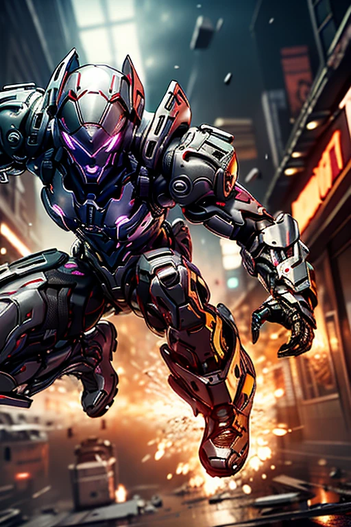 3D illustration, Ilya Kuvshinov’s style, The outlines of your body and equipment shine brightly like neon lights.(((must))), Armed with futuristic protectors(((must))), A Russian girl in her early 20s with ash grey hair, A dynamic figure jumping over explosives at his feet in a crumbling research facility that has turned into a battlefield, The face is precisely expressed(((must)))