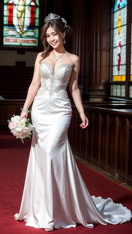 highest quality, Realistic, Very detailed, finely, High resolution, 8k wallpaper, Beautiful woman,, Brown hair short ponytail, (Silk Short Wedding Dress), Perfect dynamic composition, finelyて美しい目, Ample breasts, Realistic , smile, Model Body Type、Earrings,garnet necklace,tiara,(Holding a bouquet),Beautiful feet,(Church with beautiful stained glass),Full Body Shot:1.3,Smile and laugh,