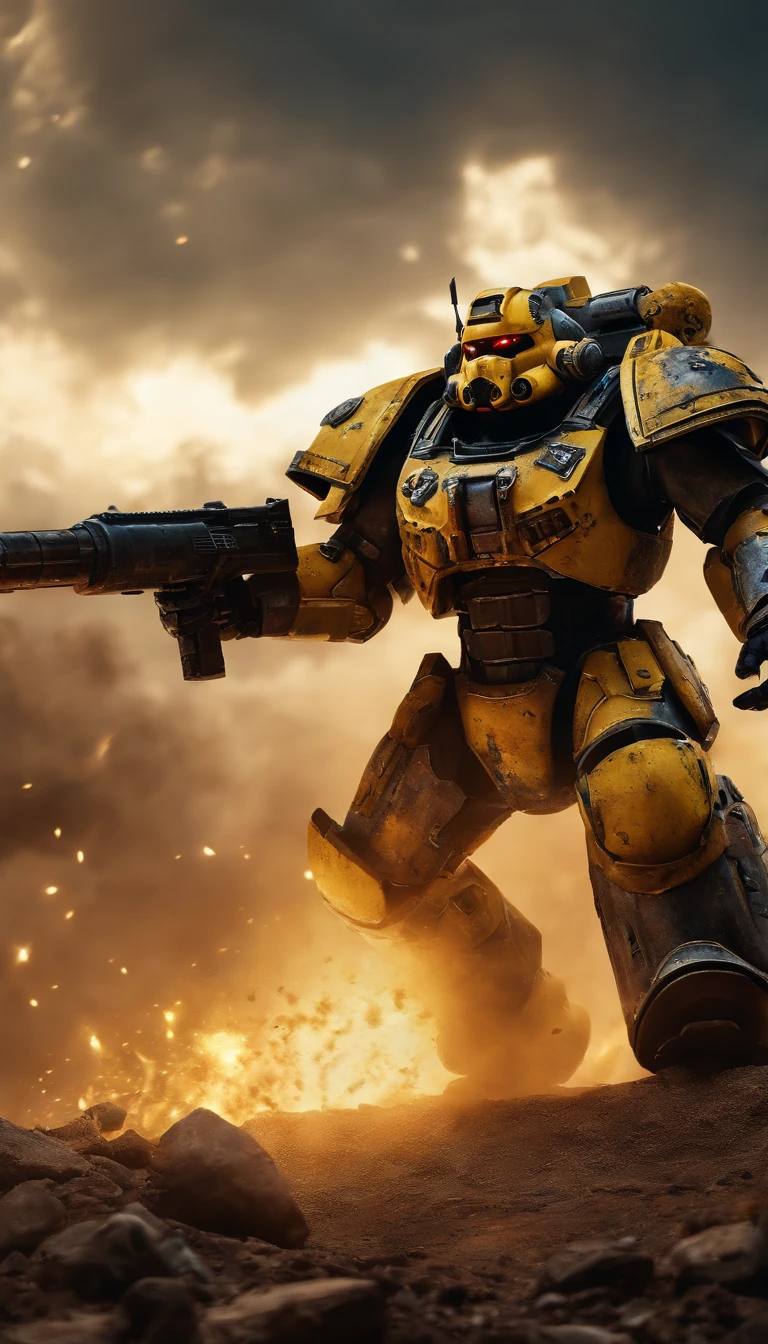 Cinematic action scene of a pikatchu Space Marine, power armor, bolter and chainsword in fierce combat on a war-torn battlefield, sparks flying, dramatic overhead lighting, low angle view, muted colors, rich textures, cinematic, epic realism, 8k highly detailed