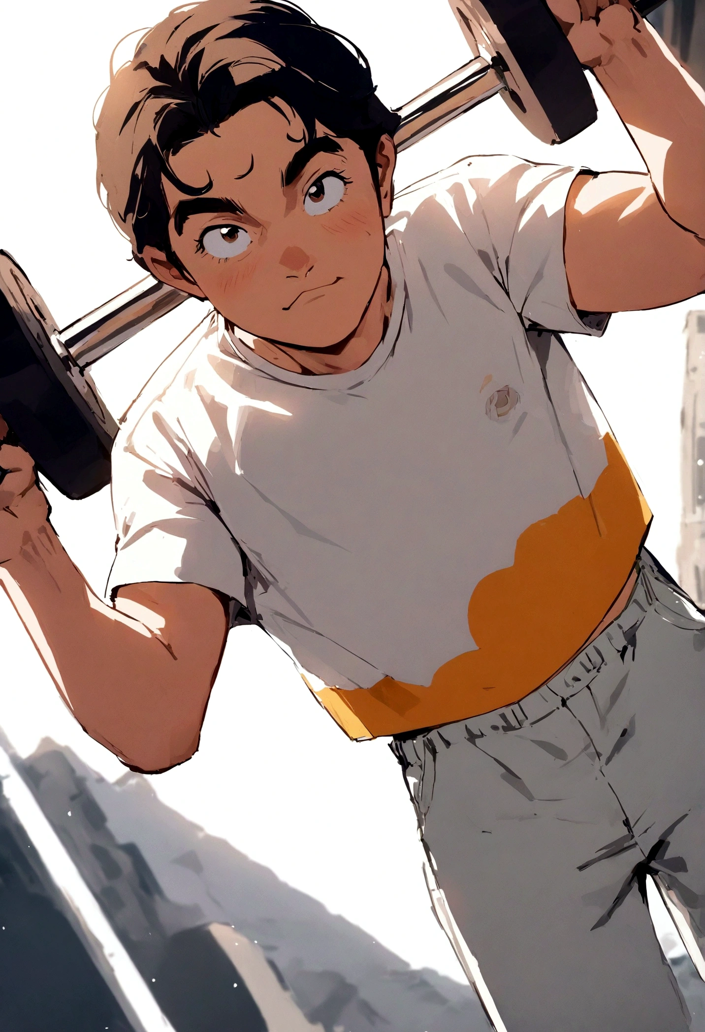 masterpiece, best picture, pop culture style, pulp, break, a 30 year old man, standing, wearing casual sports wear, in retro style, looking friendly at the viewer, lifting weights,  t-shirt and pants, break, plain white background, best angle, best view
