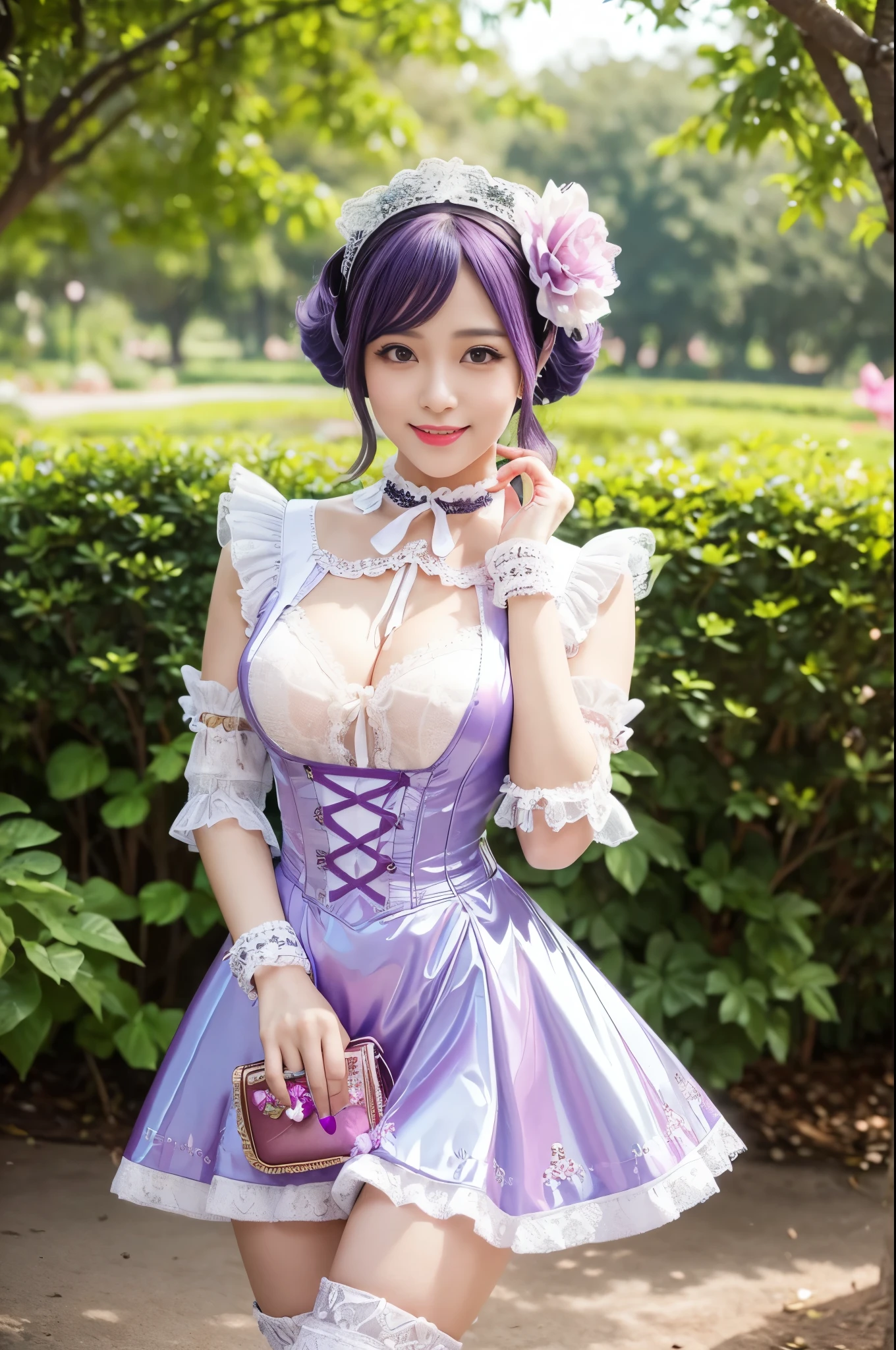 (nsfw), sexy stylish Thai model, only 1 female, ((doll-like appearance)), short lilac stylish hair, ((shiny Victorian-Style boots)), (big smile), ultra detailed eyes, vivid eye makeup, lipgloss, long lashes, defined eyebrows, ((sexy Paradise Kiss cosplay)), bell-shaped skirt, petticoats, high neckline, puffed sleeves, ((ultra detailed lace)), ((ultra detailed embroidery)), intricate details, Paradise Kiss accessoires and matching headpiece, choker, ((large sparkling Paradise Kiss jewelry)), cinematic light, detailed large park background with trees