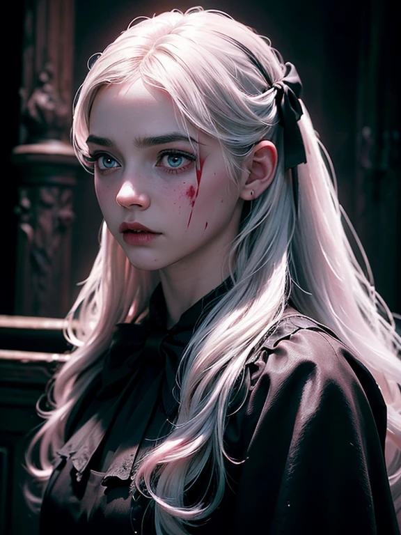 (masterpiece, Best quality, realistic skin, ), 1 Girl, White hair, gloomy mood, Dark Ruins, a vampire, blood spatter, Liquid Makeup, Frightened Face, formal, long hair, shadow, dark photo, Low light, Light pink dress, bows sad face, A dreary look, (a lot of blood on the face), blood on the lips