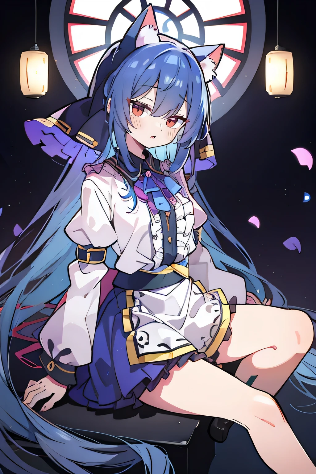 (masterpiece:1.2),Extremely detailed,Practical,expressive eyes,Fair skin,Perfect face shaping,1 Girl,
Japanese cartoons,Gorgeous blue hair, the long flowing blue hair,Floating clothes,Cat ears,Petals fall,beautiful lola,Angel,
Place your hands on your waist,sit elegantly on the ground,Cross your legs,Gentle and peaceful background,stately church,nun,torn clothes.