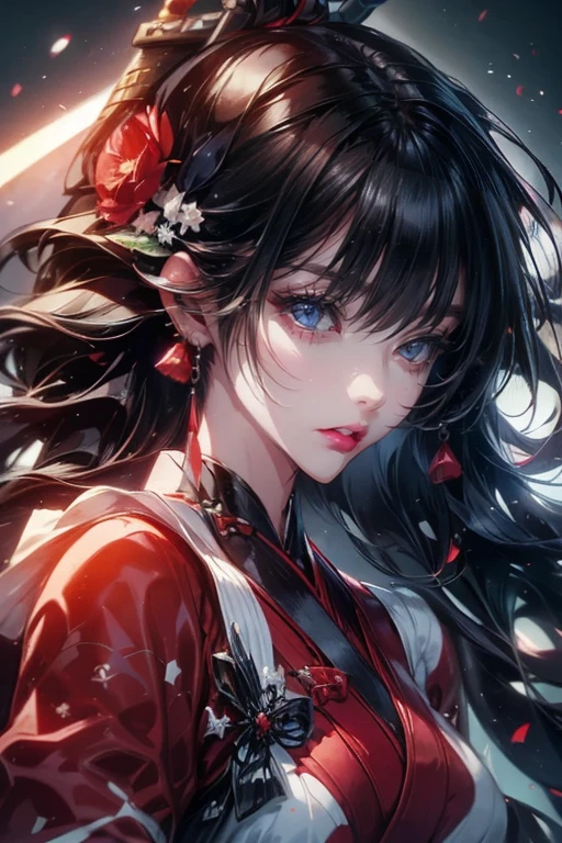1lady,solo,cool,red and white and navy yukata,hold a sword, Japanese style,black hair and long hair