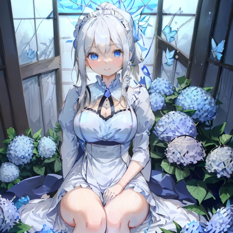 1 girl、Mature、Ample breasts、White Hair、Long Hair、ponytail、ハイponytail、Blue Eyes、Sharp Eyes、smile、Maid clothes、Lots of hydrangeas、Surrounded by hydrangeas、sit、Thighs、Beautiful Blue、Blue Butterfly、Weather showers、prism、Beautiful stained glass behind、Bright light shines through、mysterious、High resolution、highest quality
