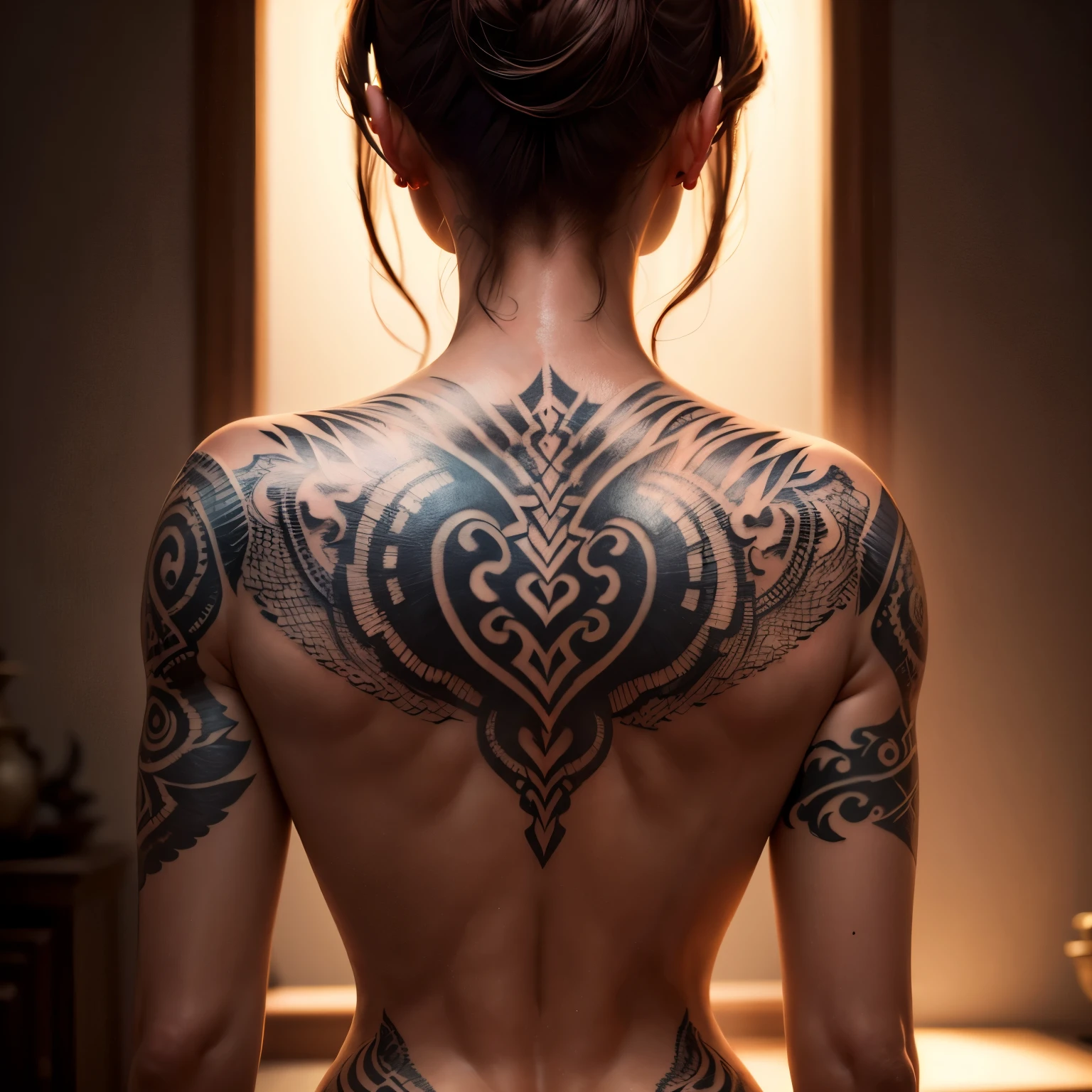 Elaborate(Back Tattoo:1.6)を入れた美しくElaborateアジア系女性、Stunning traditional ethnic costumes、Ethnic Jewelry、Elaborate顔の特徴、Japanese Tattoo、Dramatic lighting、Very sophisticated、Cinematic、Ultra-realistic、8k、masterpiece、Award-winning、Dramatic chiaroscuro lighting、Bright colors、Moody atmosphere、Photorealistic