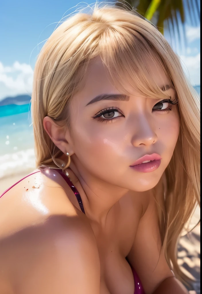 Thai Idol　Plump and glamorous figure　Blonde with bangs　((eye glass))　bright red lips　Duck mouth　Super shiny enamel metallic bikini　Flushed cheeks　((Date on the beach at night))　Portrait　Looking at the camera　((Dressing))　Sultry and sweaty shiny face　Sweaty　Sweaty, flushed face　Frontal eye contact　Kissing Face　Open leg sitting　Charming smile　Portrait　masterpiece　Big brown eyes　Depicted from below　(Soaking wet woman)　(Sunset)　Ecstasy facial expression　((Tanned, wheat-colored skin))　((Mature Woman))　(Super shiny pink lipstick for plump lips)　Black Swimsuit