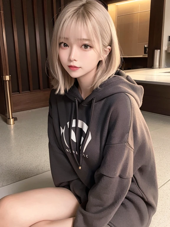 masterpiece, highest quality, High resolution,alone,Brown,artistic,Best lighting,Casual clothing,Flat Chest,Beautiful Face,expensive,smile,light makeup,Age 26,Calm woman,Detailed Hair,Laughing woman,Face Focus,Bob Cut Hair,Very white skin,Thin eyebrows,outside,Woman sitting on floor with legs crossed,indoor,Woman wearing a hoodie