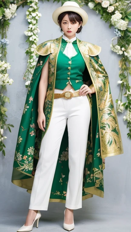 female knight,He is wearing a white floral short-sleeved suit and white pants, exposing a bit of his stomach.,He is wearing a green floral vest and holding a sword in his left hand.,She is wearing a green floral cape, a green belt and white high heels.,Wearing a white hat that covers one eye,whole body