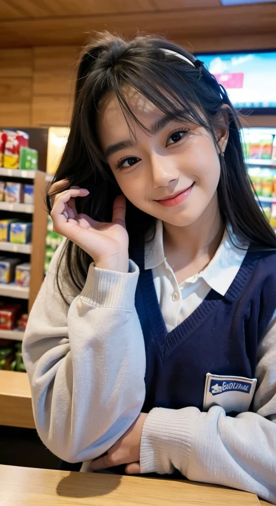 muste piece、High resolution、convenience store of the future、Convenience store clerk、26 year old female、１girl clerk、looking at the camera、smile、Finished as pictured、The cashier is also beautiful、Her skin is white and beautiful、long and beautiful hair、inner color、hair should be tied back、Clerk's uniform、