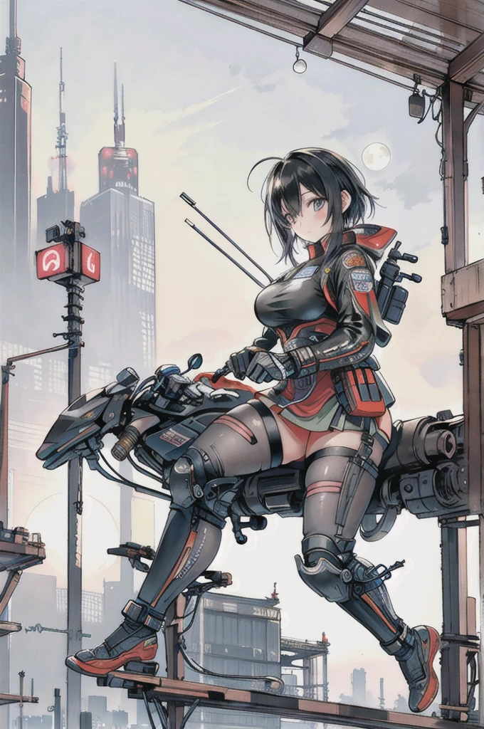 best quality, masterpiece, photo, 4K, photorealistic, highly detailed,
1girl riding motobike, techwear, cyberpunk city, solo, futuristic, huge moon in the background, black and white, by Akira Toriyama, closeup,