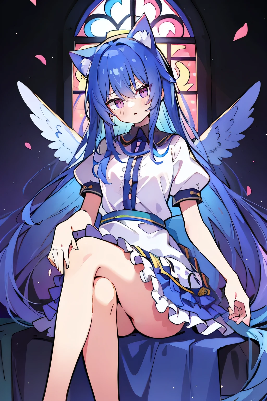 (masterpiece:1.2),Extremely detailed,Practical,expressive eyes,Fair skin,Perfect face shaping,1 Girl,
Japanese cartoons,Gorgeous blue hair, the long flowing blue hair,Floating clothes,Cat ears,Petals fall,beautiful lola,Angel,
Place your hands on your waist,sit elegantly on the ground,Cross your legs,Gentle and peaceful background,stately church,nun,torn clothes.