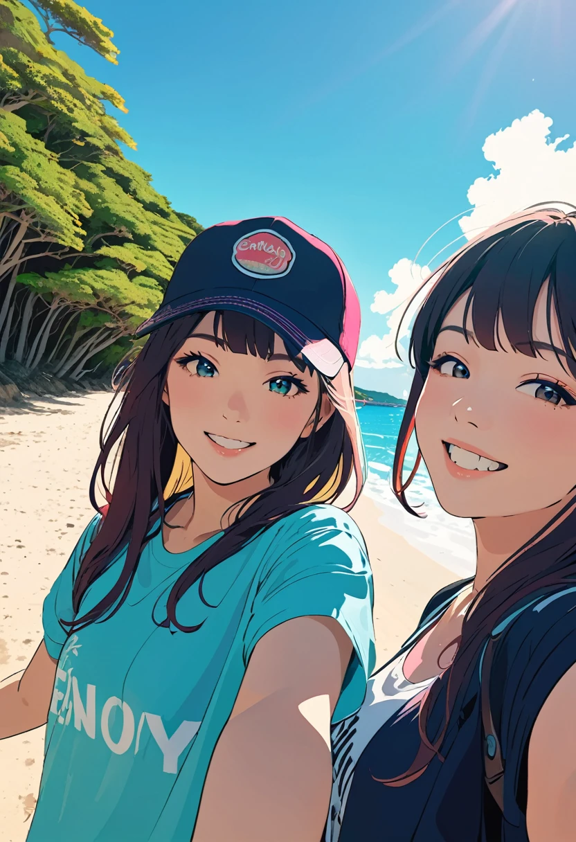 (masterpiece, best quality:1.1),
popart style,flat color,(2girls),cute face,tween,(enjoy trip),(Aharen beach,Okinawa),Japan, beautiful detailed scenery, friendly selfie,very happy,beautiful lighting,dynamic angle,depth of field,photographic portrait, sharp,