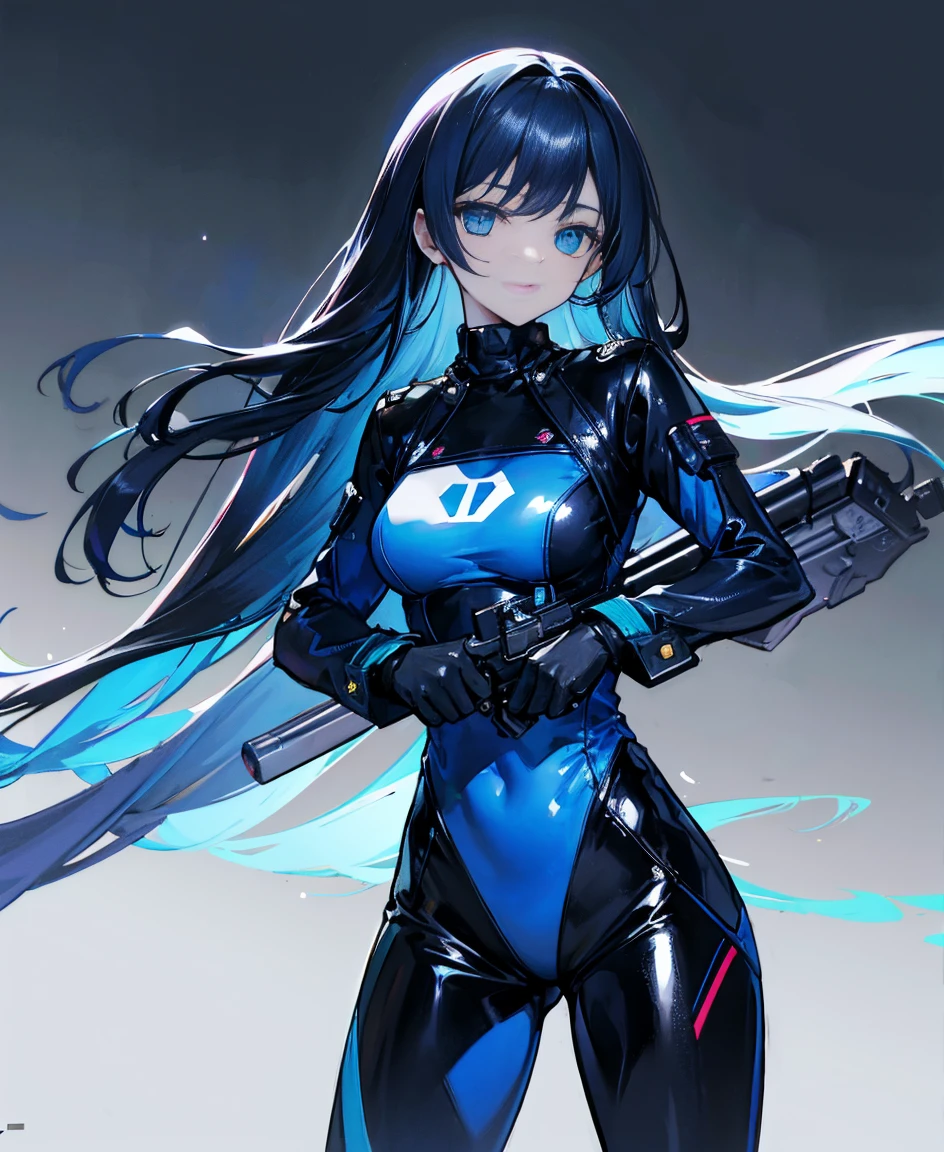 There is no background,girl,Carry a firearm,Patent leather tight suit,Use of firearms,Navy blue long hair,attention arousal,Blue colored eyes,No gradients