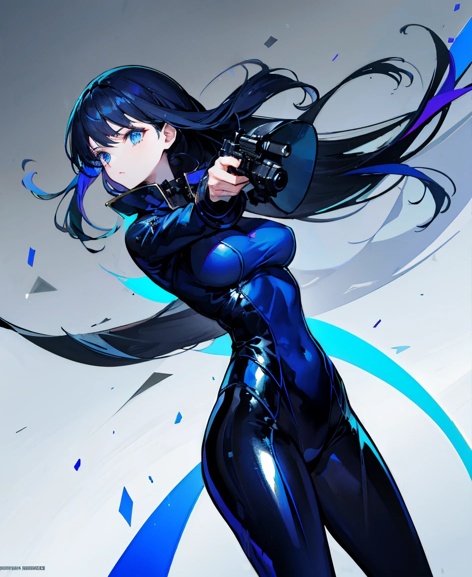 There is no background,girl,Carry a firearm,Patent leather tight suit,Use of firearms,Navy blue long hair,attention arousal,Blue colored eyes,No gradients