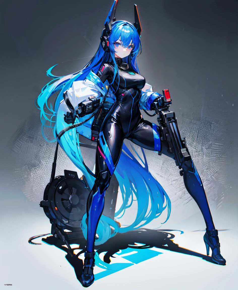 There is no background，girl，Carry a firearm，Patent leather tight suit，Use of firearms，Navy blue long hair，attention arousal，Blue colored eyes,No gradients