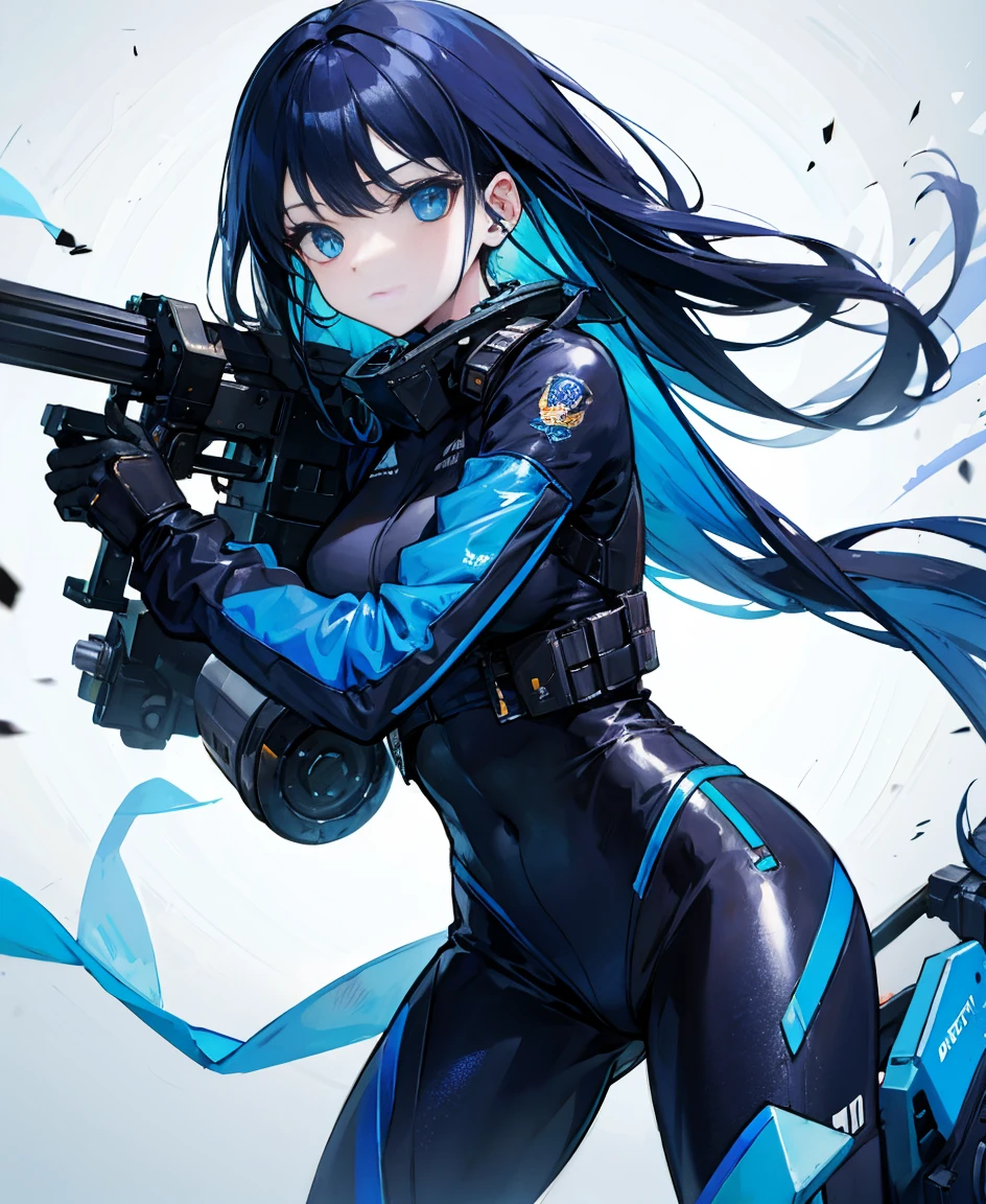 There is no background,girl,Carry a firearm,Patent leather tight suit,Use of firearms,Navy blue long hair,attention arousal,Blue colored eyes,No gradients