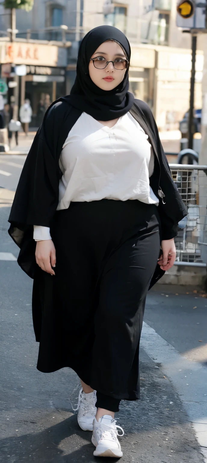 Milky white skin woman in black dress and hijab walking down the street, , hijab outfit, , hijab fashion model, plus size, plus size woman, , woman in black robes, beautiful woman, thicc, black outfit,, bbwchan , white sneakers , Height 170 cm, beautiful woman, with a beautiful appearance, a very beautiful masterpiece, a masterpiece of art, good lighting, Bright colors, Clean lines, glasses