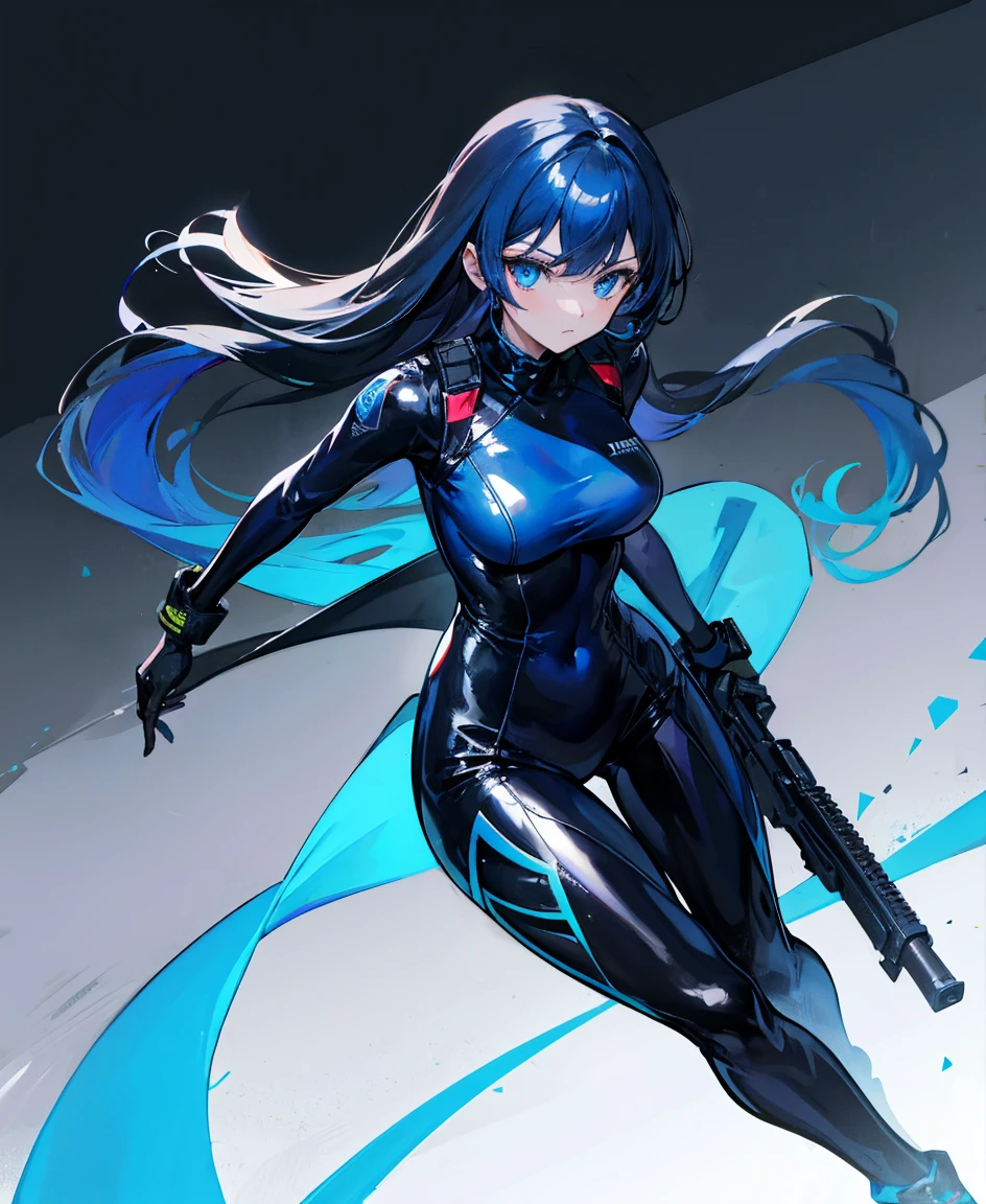 There is no background，girl，Carry a firearm，Patent leather tight suit，Use of firearms，Navy blue long hair，attention arousal，Blue colored eyes,No gradients
