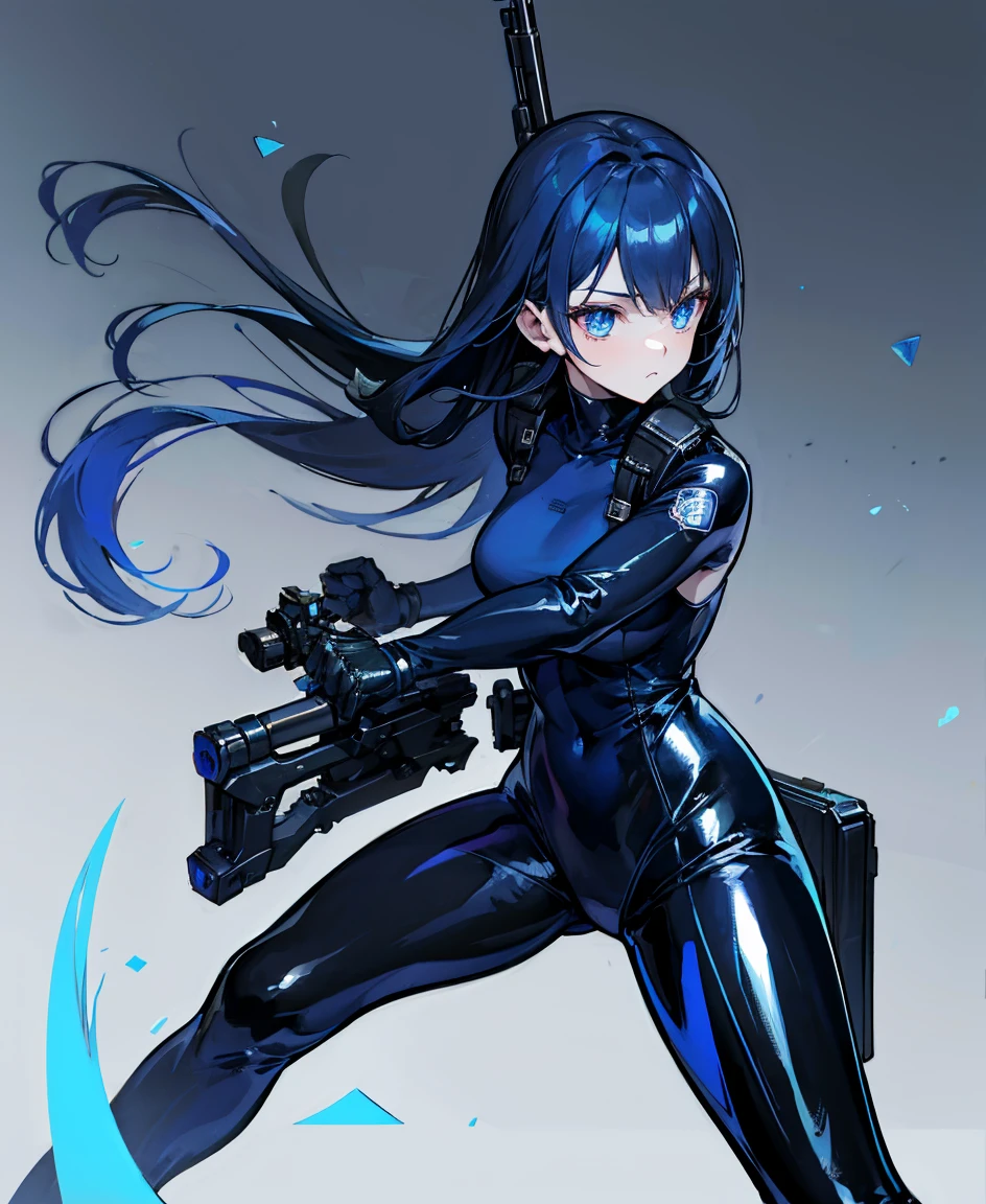 There is no background，girl，Carry a firearm，Patent leather tight suit，Use of firearms，Navy blue long hair，attention arousal，Blue colored eyes,No gradients