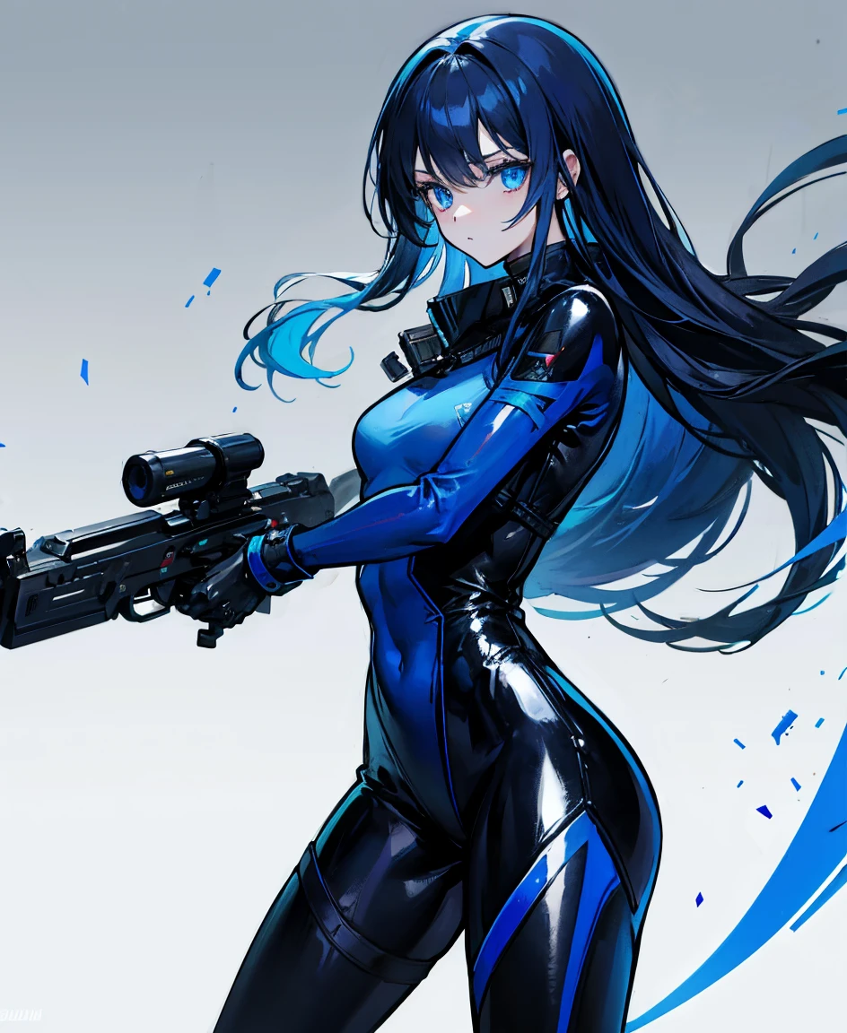 There is no background，girl，Carry a firearm，Patent leather tight suit，Use of firearms，Navy blue long hair，attention arousal，Blue colored eyes,No gradients