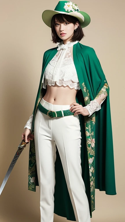 female knight,He is wearing a white floral short-sleeved suit and tight-fitting white pants, exposing a bit of his stomach.,He is wearing a green floral vest and holding a sword in his left hand.,She is wearing a green floral cape, a green belt and white high heels.,Wearing a white hat that covers one eye,whole body,