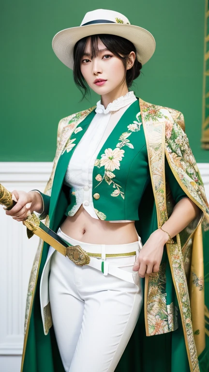 female knight,He is wearing a white floral short-sleeved suit and tight-fitting white pants, exposing a bit of his stomach.,He is wearing a green floral vest and holding a sword in his left hand.,She is wearing a green floral cape, a green belt and white high heels.,Wearing a white hat that covers one eye,whole body,
