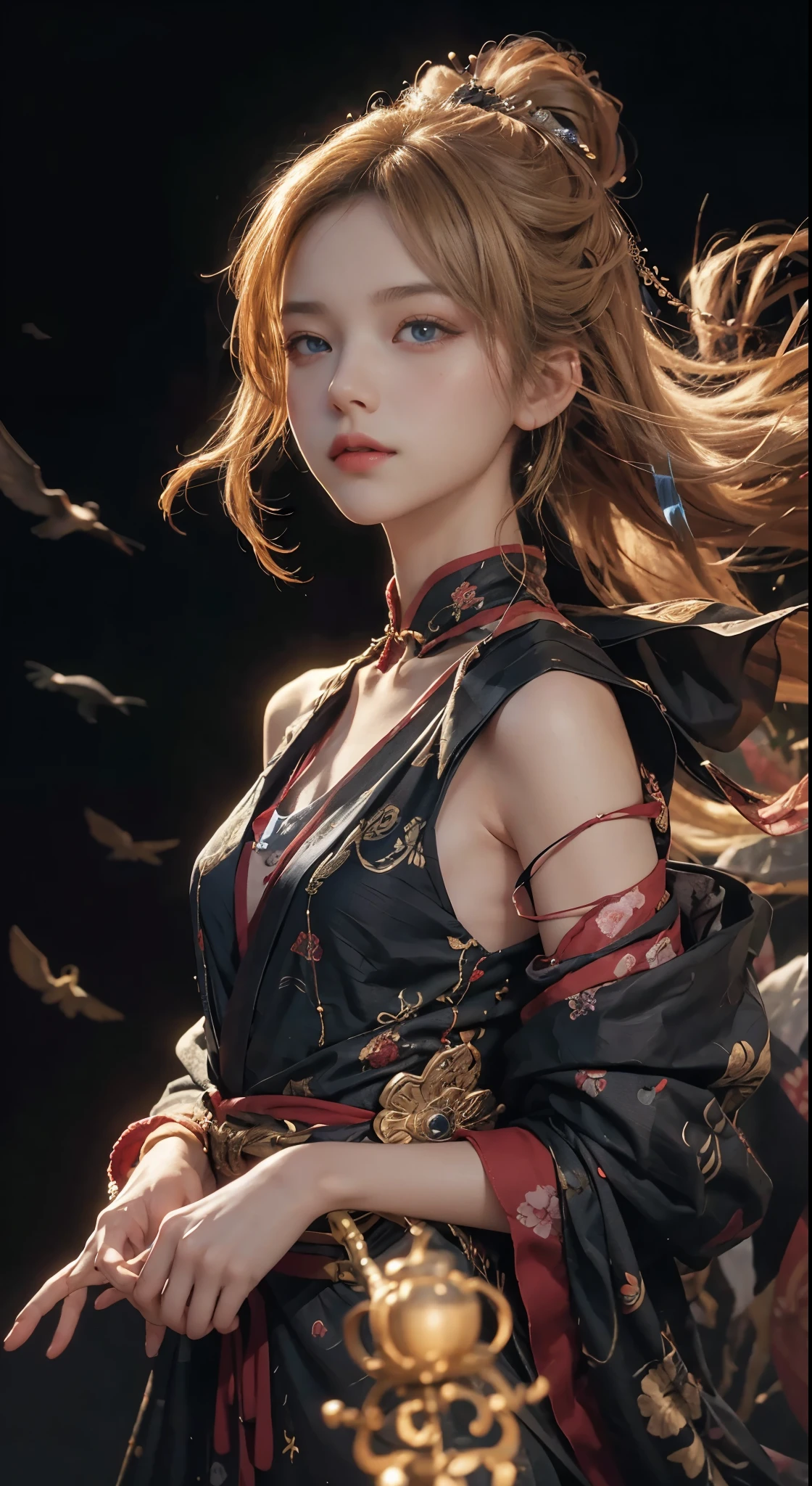 best quarity,Meisterwerk,super high res,(lifelike:1.4),Raw photo,1 Girl,blonde Hair,deep blueeyes,Detailed eyes and face,black business suit,Dynamic Lighting,in dark,Deep Shadow,OFFICIAL ART,Unity 8k wallpaper,hyper detailed,Beauty and aesthetics,ish high quality,beutiful,Meisterwerk,the best quality t,(zentangle,a Mandala,Tangles,Entanglement:0.6),elegance,Japanese shrine costumes,Streamers fly,Meisterwerk,best quarity,still from a movie,Floating in the sky,mingliang,joyful,Warm and soft lighting,Sundown,majestic,(Meisterwerk),Shoulders exposed skin,Small breasts,Small breasts,Flat Bust,sidebrilliance,Beautiful nipples,(Delicate and beautiful eyes:1.2 )