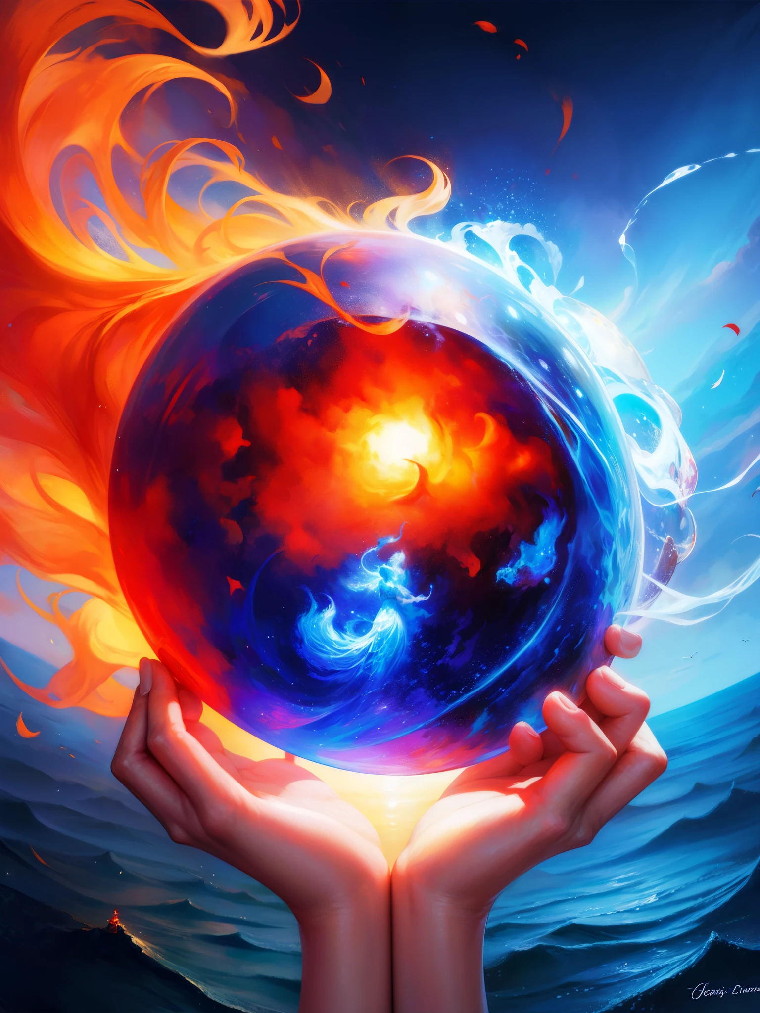 four hands holding a globe in flames and water and wind, with a blue sky background and a red flame, realistic, digital art, fantasy art, 