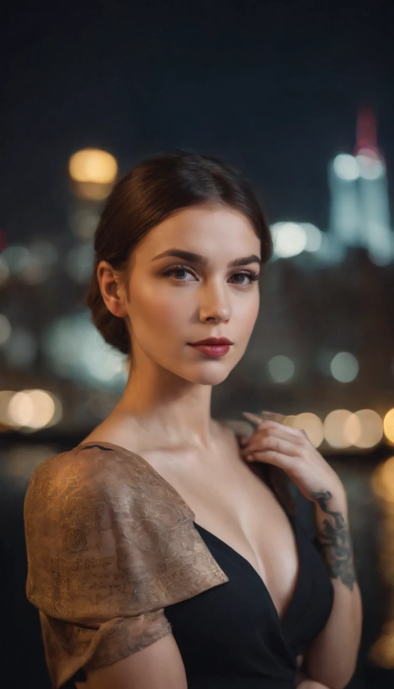 A beautiful girl with a beautiful bust in a formal suit against the background of a night city with realistic,glow, ISO 400 film shots, photo filters and a wonderful bust tattoo