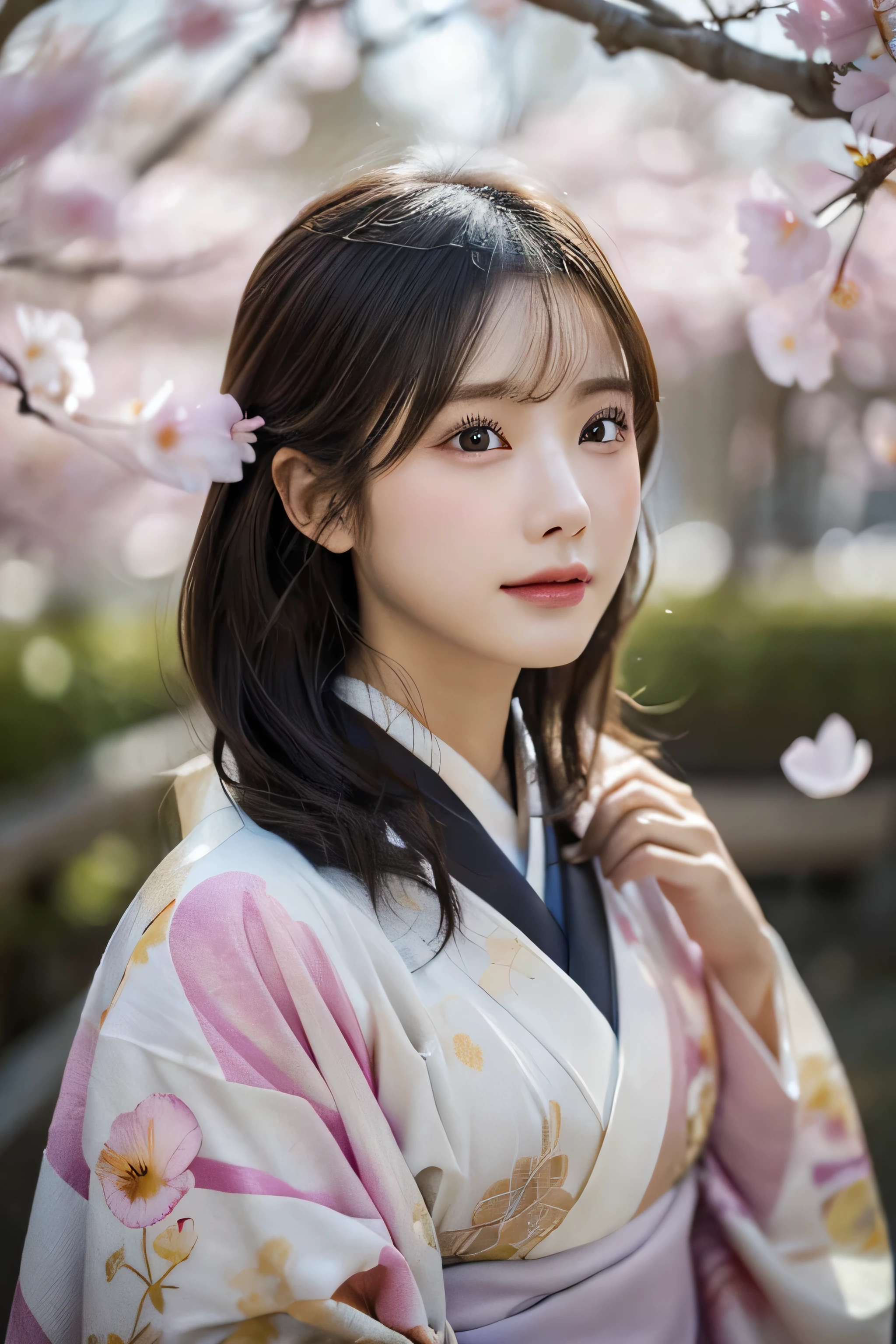 (Kimono)、Random Shots、、、randome pose、(Petals flutter:1.3)、(Wind:1.3)、(top-quality,masterpiece:1.3,超A high resolution,),(ultra-detailliert,Caustics),(Photorealsitic:1.4,RAW shooting,)Ultra-realistic capture,A highly detailed,high-definition16Kfor human skin、 Skin texture is natural、、The skin looks healthy with an even tone、 Use natural light and color,One Woman,japanes,,kawaii,A dark-haired,Middle hair,(depth of fields、chromatic abberation、、Wide range of lighting、Natural Shading、)、