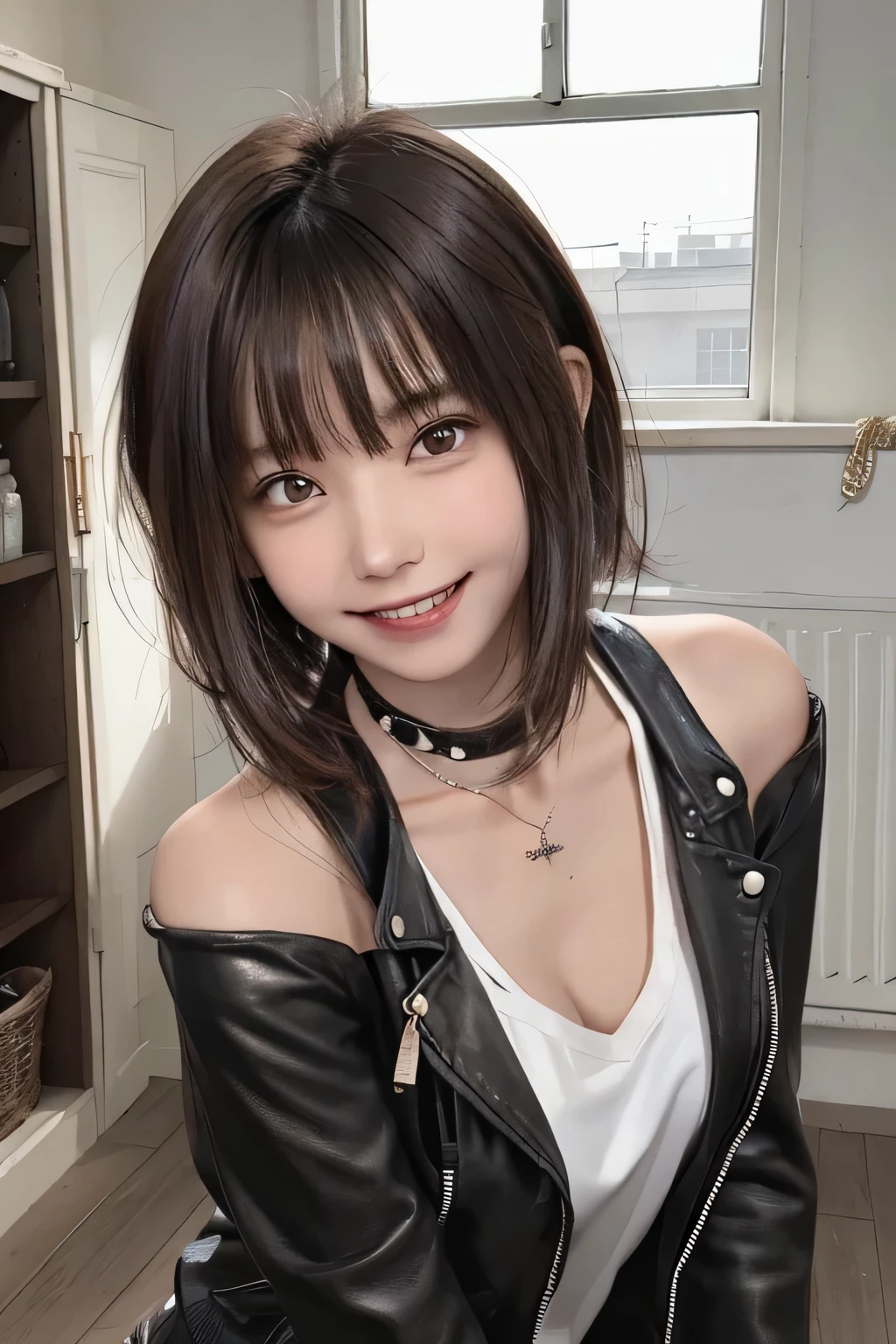 205 ((short hair)), 20-year-old female, Surrealism, Flower smile、Gums are visible、Beautiful teeth alignment、Brown Hair、Ear piercing、Necklace around the neck、leather jacket、shirt、shirt、Smiling with teeth showing、Shoulder Fashion、The background is in the room、