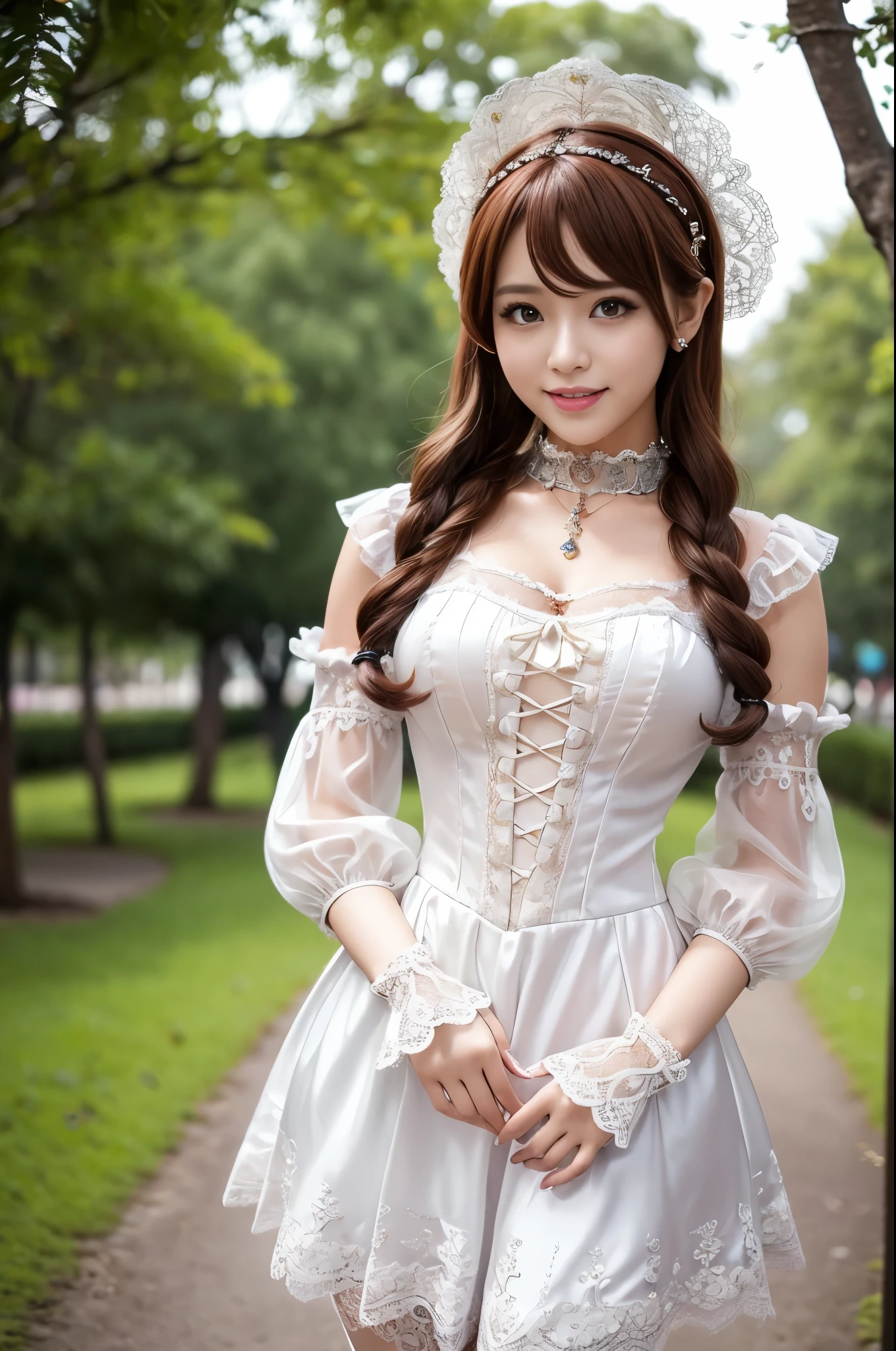 (nsfw), sexy stylish Thai model, only 1 female, ((doll-like appearance)), short Auburn stylish hair, ((shiny Victorian-Style boots)), (big smile), ultra detailed eyes, vivid eye makeup, lipgloss, long lashes, defined eyebrows, ((sexy Paradise Kiss cosplay)), bell-shaped skirt, petticoats, high neckline, puffed sleeves, ((ultra detailed lace)), ((ultra detailed embroidery)), intricate details, Paradise Kiss accessoires and matching headpiece, choker, ((large sparkling Paradise Kiss jewelry)), cinematic light, detailed large park background with trees