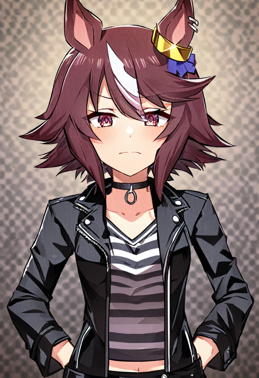 Uma Musume Vodka Horse ears on head Ring on right ear Shy Rock Leather jacket Cool 8k umamusume Vodka