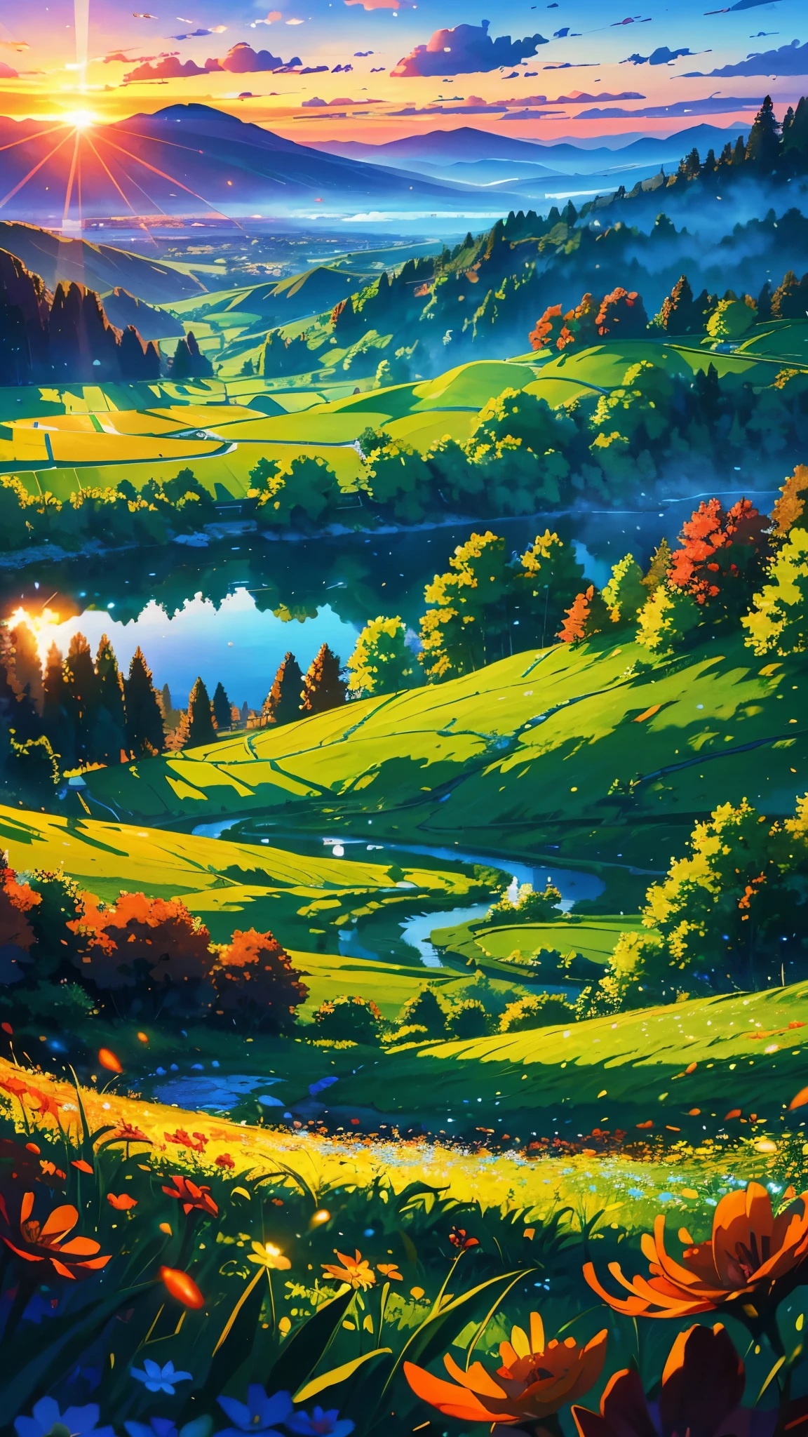 masterpiece,best quality,lycoris,flower field,depth of field, dawn,blue sky, sunrise,glow,lake summer time, green leaves , mountain ((tileset))