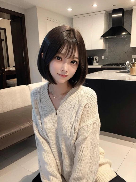 masterpiece, highest quality, High resolution,alone,Brown,artistic,Best lighting,Casual clothing,Flat Chest,Beautiful Face,expensive,smile,light makeup,Age 26,Calm woman,Detailed Hair,Laughing woman,Face Focus,Bob Cut Hair,Very white skin,Thin eyebrows,outside,Woman wearing a zip-up