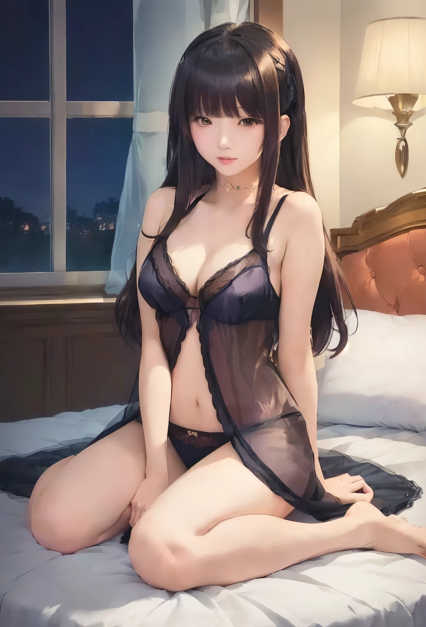 anime - style image of a woman in see through transparent lingerie sitting on a bed, seductive anime girl, ,  in dress, marin kitagawa fanart, beautiful alluring anime teen, anime moe artstyle, attractive anime girl, beautiful alluring anime woman, sitting on the bed, cute anime waifu in a nice dress, sitting on her bed