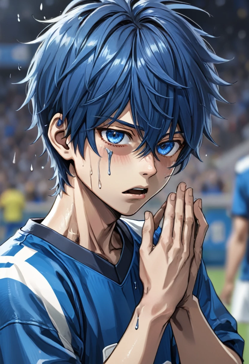 a crying boy, damaged football clothing, Anime style, cheveux bleu, yeux bleu, UHD