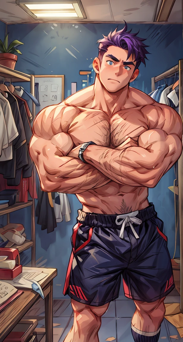 Hands down,Very thin waist,Upper body,(masterpiece,The best quality,H),1 person,Naked Man,很shy,My face turns red,shy,musculane Eyes,Nude,(Nude),Blue eyes,No shirt,Upper body,short blue-purple hair,Youthful feeling,young,(Fluorescent lamp),(One color),(Blue Background),White striped shorts,Thick arms,Broad shoulders,Strong without being bulky,tall and big,Extremely tall,The room looks small to him.,Hairy body,Very big body,Covered with muscles,Very strong,strongman,huge,maximum,Open your arms to your sides,Facial Cleansing,Clean face,Chest muscle expansion,A room full of clothes and socks