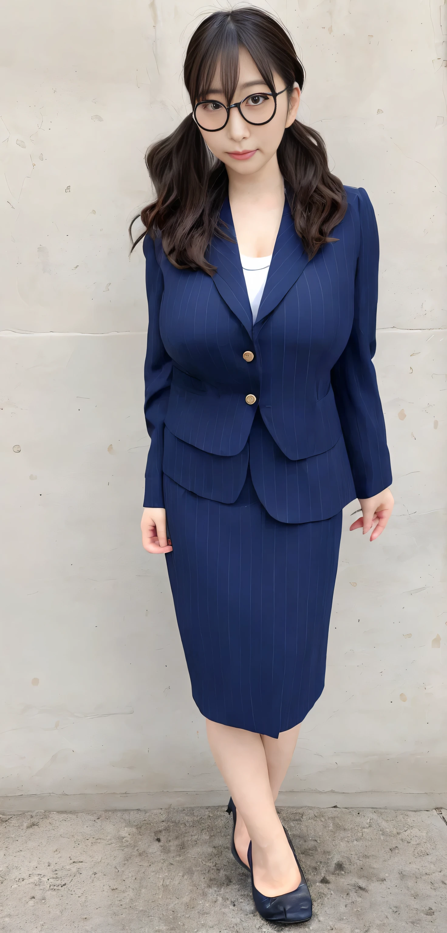 Japanese ID, Mature Woman, ((Chubby round face around 30 years old)), Glasses, Wavy black hair with no bangs, Long Hair:1.65, Big twin ponytail:1.79, Flashy makeup, Fuller lips, Sexy Gaze, Cute Uniform, ((dressing)), looking at the camera, Low angle shooting, Cute duck lips,((Very accurate and correct anatomy)), (masterpiece:1.3), Perfect balance, Realistic photos, Full Shot, whole body, ((height: 148cm)), High heels, loafers, (2 Foot, Two Arms), ((Panty shot)),Big Breasts:1.5