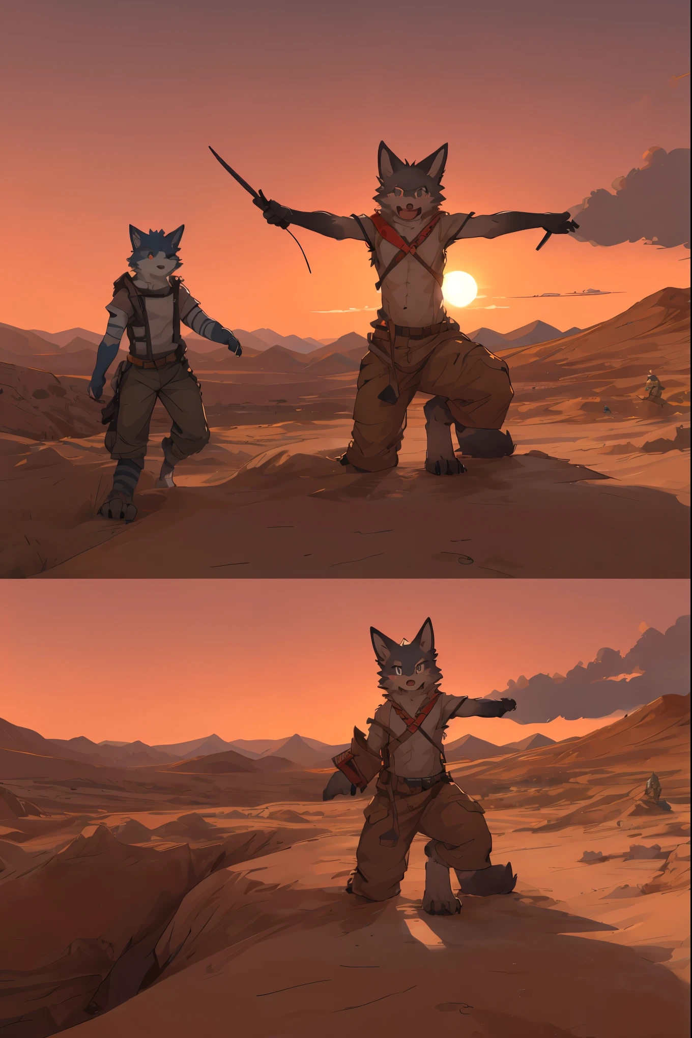 top quality, best quality, High-quality illustrations, masterpiece, super high resolution, detailed background, The desolate and rugged desert landscape at sunset, with the sky turning shades of red and the dry earth stretching into the distance, 6+boys, 6+girls, absurdres(highly detailed beautiful face and eyes)perfect anatomy, expression, good lighting, cinematic shadow(kemono, furry anthro)assorted poses, dynamic angle,