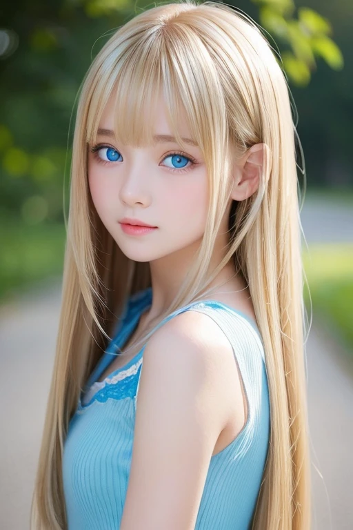 Beautiful white and shining skin、Blonde hair color changes depending on the light、Long bangs obstruct the view、Highlights of cheek luster、Sexy, very beautiful, lovely, cute, gorgeous face、The most beautiful face in the world、Super long and gorgeous blonde hair、Smooth straight hair、big, glowing bright blue eyes、Beautiful Bangs、Beautiful cute 12 year old girl