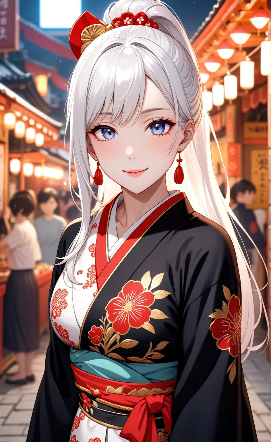 ((one girl)), hyper detailed, absurdres, 8K,Cute face, Beautiful Face, (Laugh shyly), ((laugh:1.4)), ((Wink:1.8)), (Laugh with your mouth wide open),(Tilt your head:1.3), View your viewers, ((Bright red cheeks:1.6)),Glossy Red Lips, ((Big Breasts:1.4)) night, Shrine festival stalls, (Brighten your face), ((Anime style background)),masterpiece, Highest quality, so beautiful,Latest, Complex details, (Pink long nails), (nail art), (ring),(bracelet), (helix piercing:1.7), (Floral Choker),AI-generated, Complex,High resolution, Highest quality, super high quality,3D Images、3D Images,One person,Long white hair,(High Ponytail), Anime woman posing for a photo,((silver eyes:1.6)), ((Fine grain、blue eyes、Shining Eyes:1.3)), (Squint your eyes:1.1),a hyperRealistic , hyperRealistic , Realistic,Anime woman with long white hair, Smooth anime CG art, With gold embroidery、A girl in a gorgeous kimono, ((Black long sleeve kimono:1.3)),(Red large floral pattern) ,Long flower hair ornament,Floral Earrings,Mature Body, expensive,Abdominal muscles,Tight waist,((face focus:1.4)), (front view),