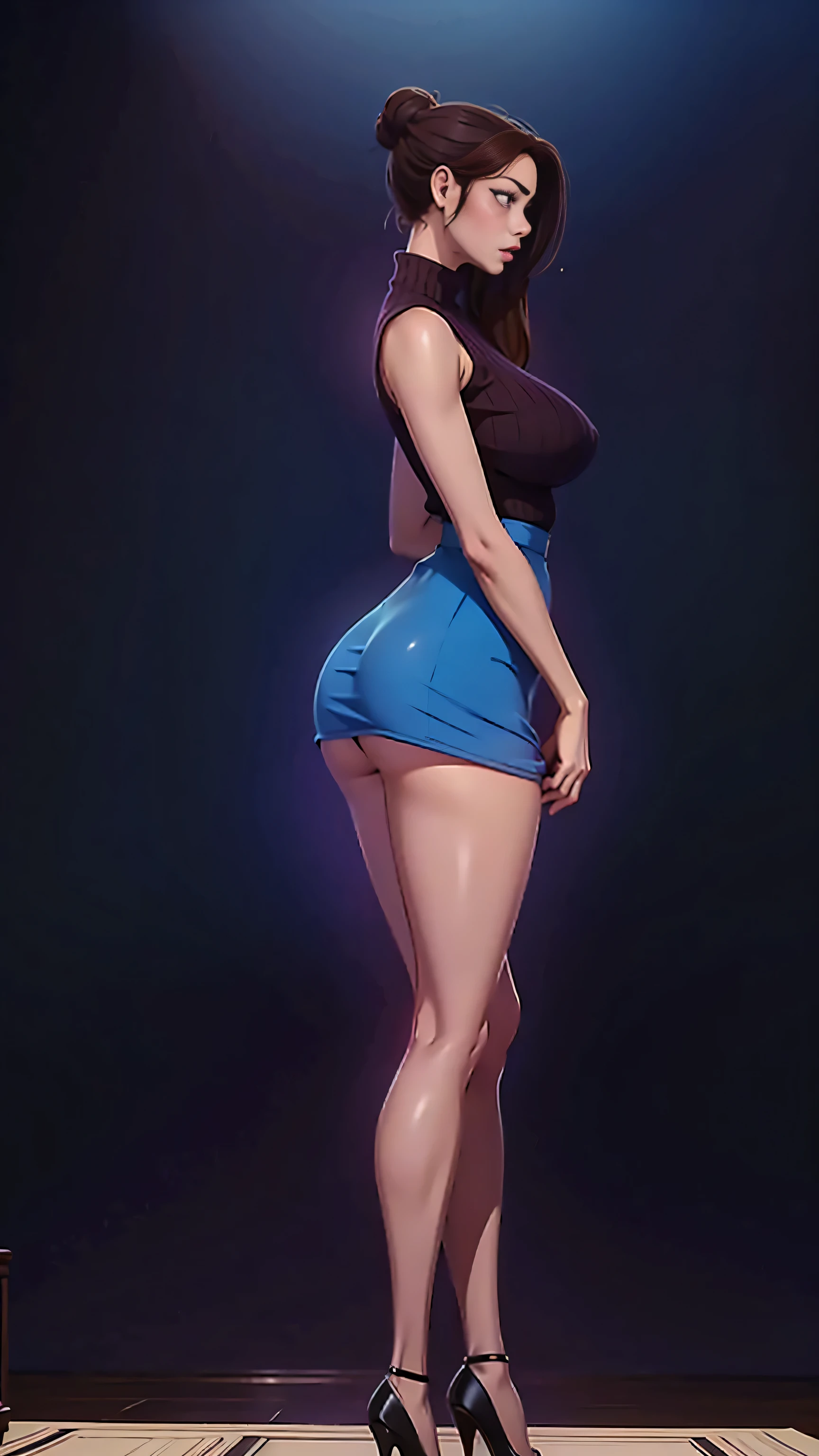 Full body shot of 1 beautiful woman, adult, large body, voluptuous woman, (very long straight hair),hair bun, ( brunette hair), outlined eyelids, made-up eyelids, purple eyes, sleeveless skin tight white turtleneck sweater, (blue mini cotton skirt),  tempting , dreaming, curvy hourglass figure, oppai proportion, tight skirt , tall, tall, long legs, wide bust, slim waist, accentuated hips, side view, view from side, accentuated ass, 