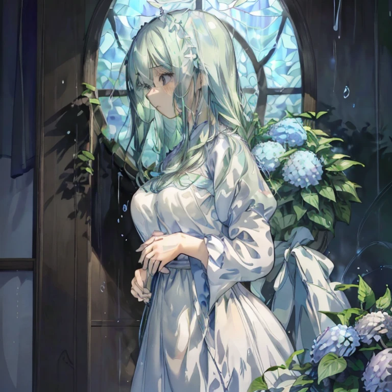 1 girl、Mature、Ample breasts、Aqua Hair、Long curly hair、Look to the side、profile、Close ~ eyes、Long eyelashes、Place your hands in front of your chest、Hydrangea Dress、Lots of hydrangeas、light rain、Weather showers、Water Drop、large white feathers on the back,、like angel、Large stained glass in the background、Bright light shines through、Like a watercolor painting、Breathtakingly beautiful、High resolution、highest quality