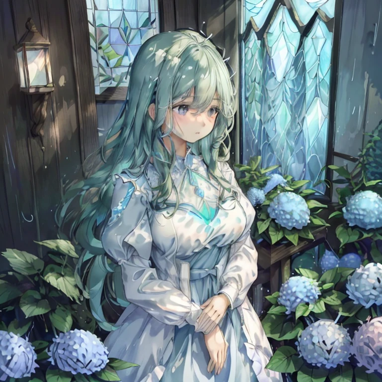 1 girl、Mature、Ample breasts、Aqua Hair、Long curly hair、Look to the side、profile、Close ~ eyes、Long eyelashes、Place your hands in front of your chest、Hydrangea Dress、Lots of hydrangeas、light rain、Weather showers、Water Drop、large white feathers on the back,、like angel、Large stained glass in the background、Bright light shines through、Like a watercolor painting、Breathtakingly beautiful、High resolution、highest quality
