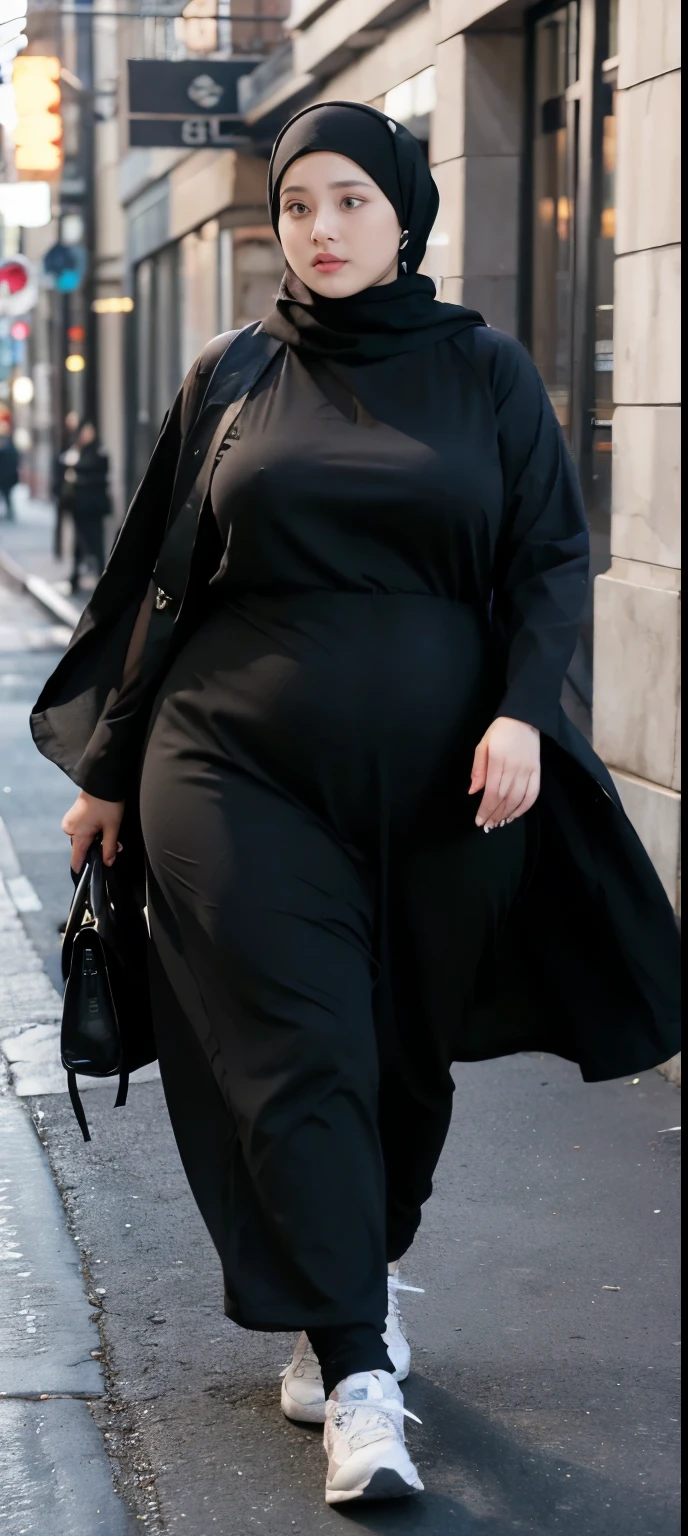 Milky white skin woman in black dress and hijab walking down the street, ,  hijab outfit, ,  hijab fashion model, plus size, plus size woman, ,  woman in black robes, beautiful woman, thicc, black outfit,, bbwchan , white sneakers , Height 170 cm, beautiful woman, with a beautiful appearance, a very beautiful masterpiece, a masterpiece of art, good lighting, Bright colors, Clean lines