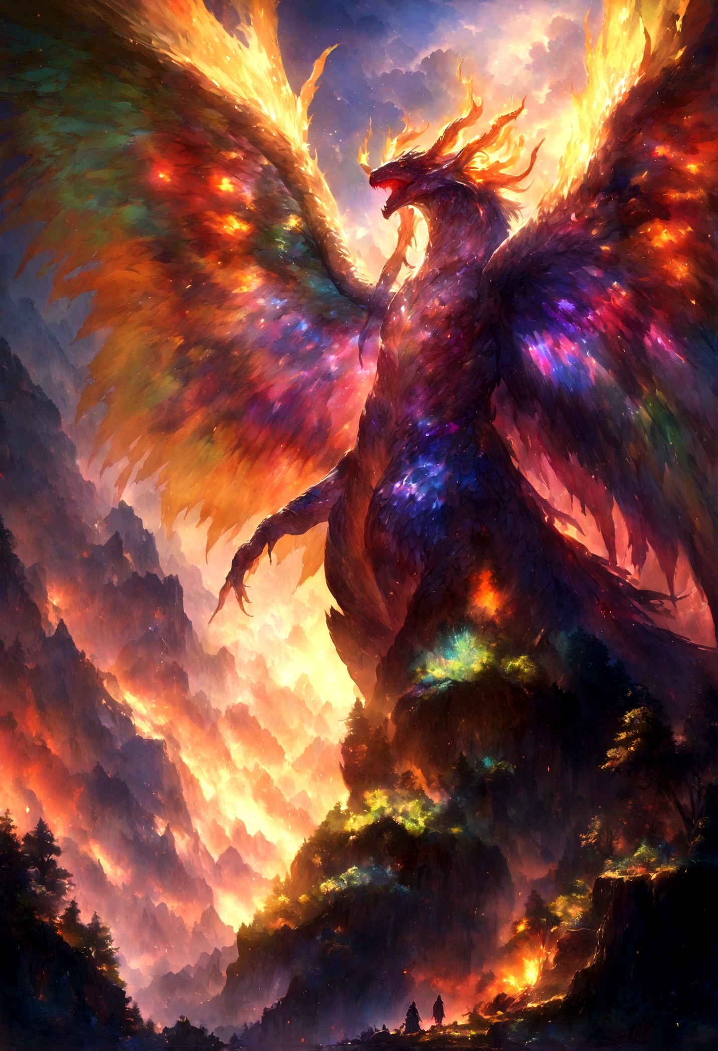 rich and colorful, Dramatic Lighting, painting, fantasy, Vibrant colors,Towering mountains, Lush forest, Smooth scales, Majestic wings, Blazing breath, Intense gaze, Active atmosphere